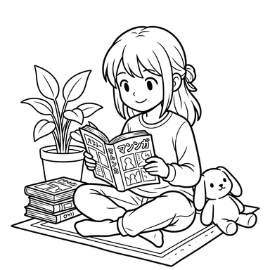 Anime Girl Reading Manga Coloring Page