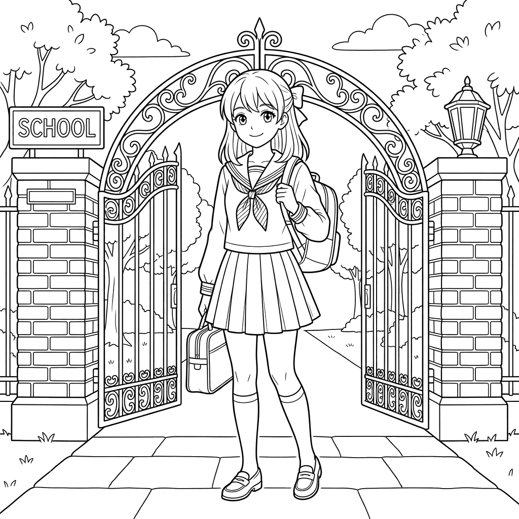 Anime Girl at School Gates Coloring Page
