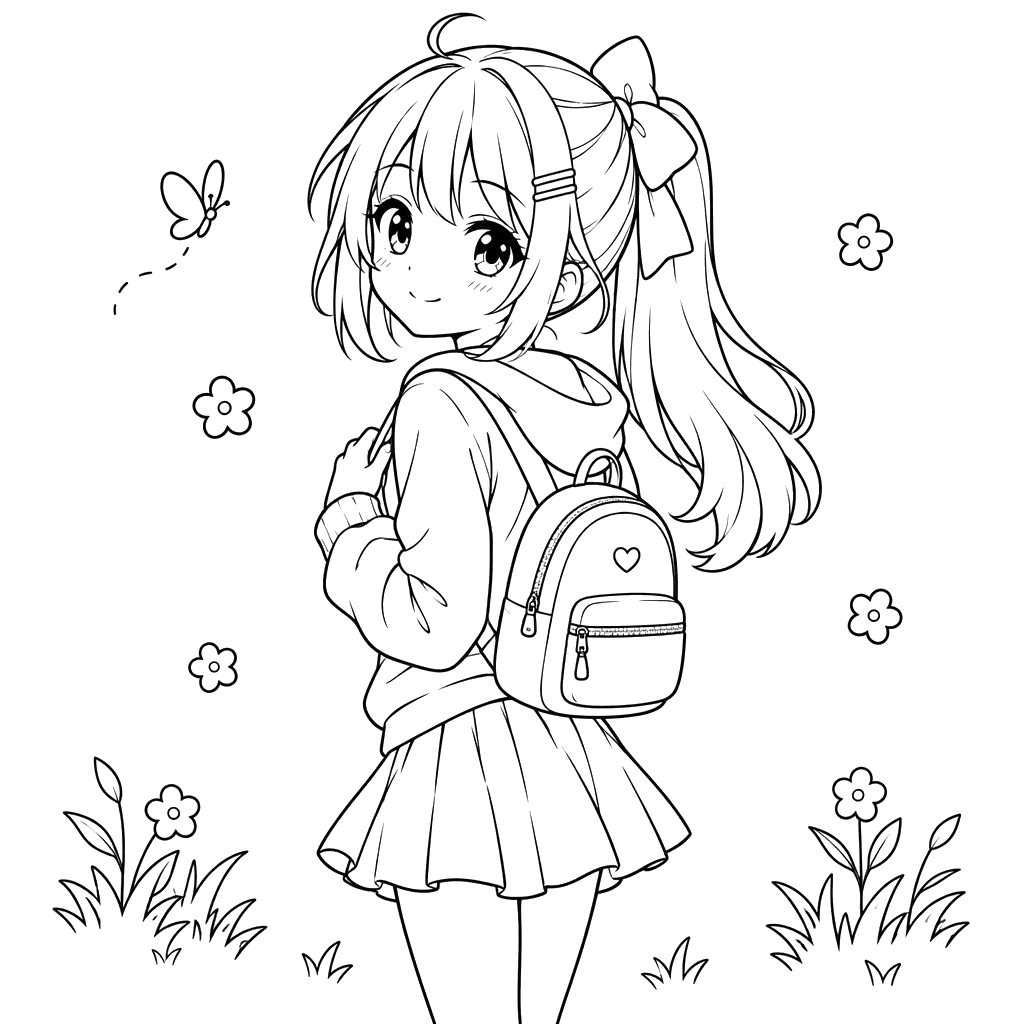 Girl with Bow and Backpack Coloring Page