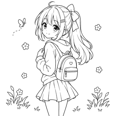 Girl with Bow and Backpack Coloring Page
