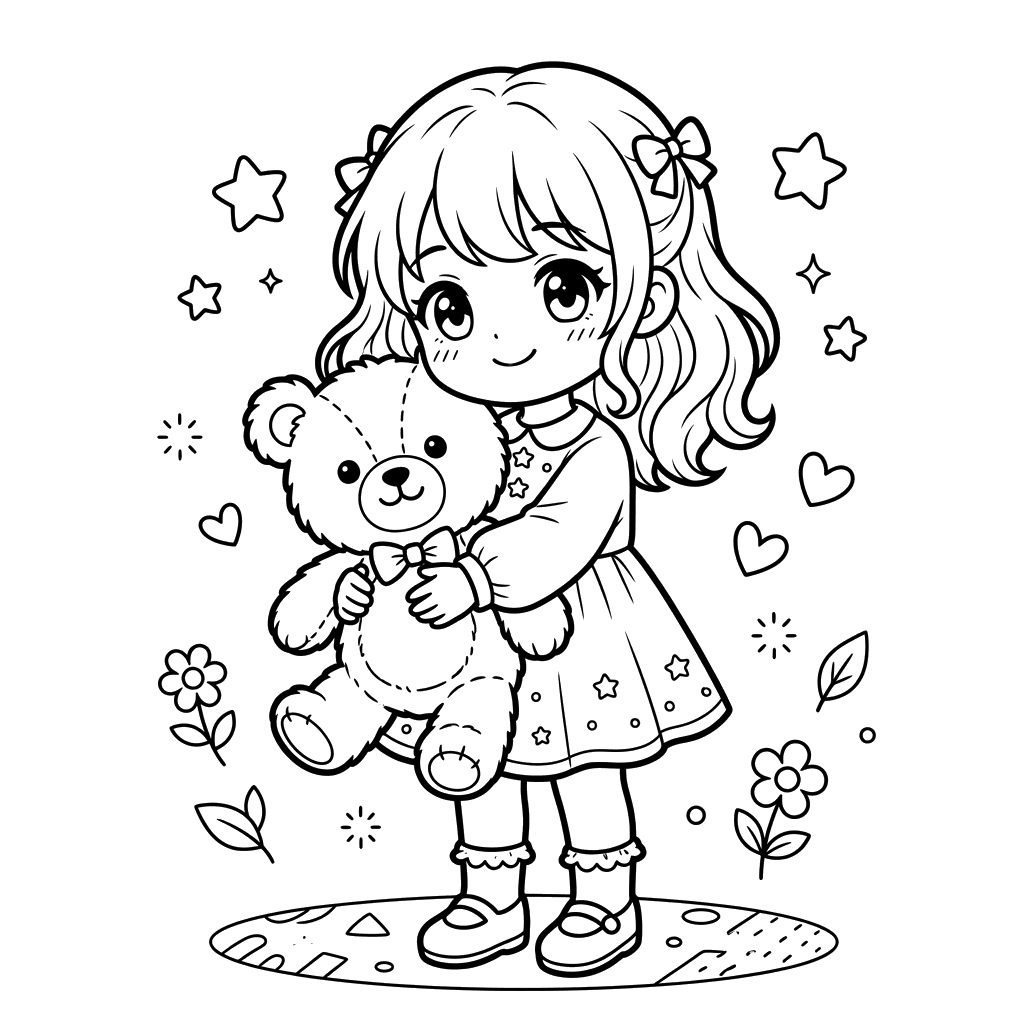 Anime Girl with Teddy Bear Coloring Page