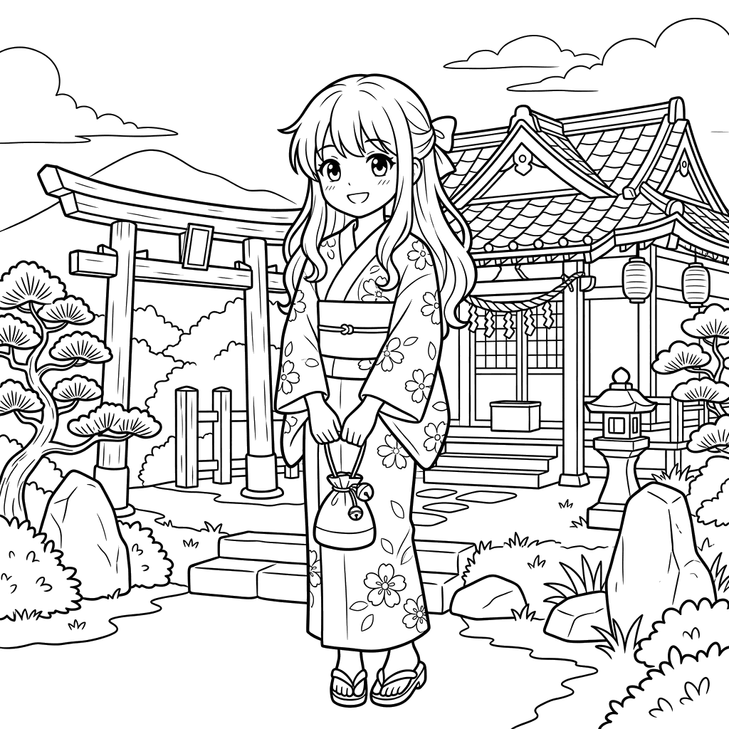 Anime Girl at Temple Coloring Page