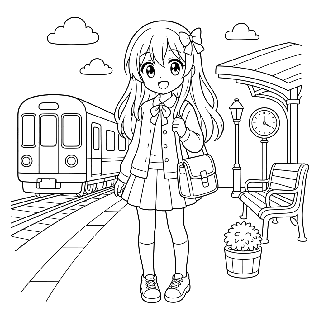 Anime girl on train platform coloring page