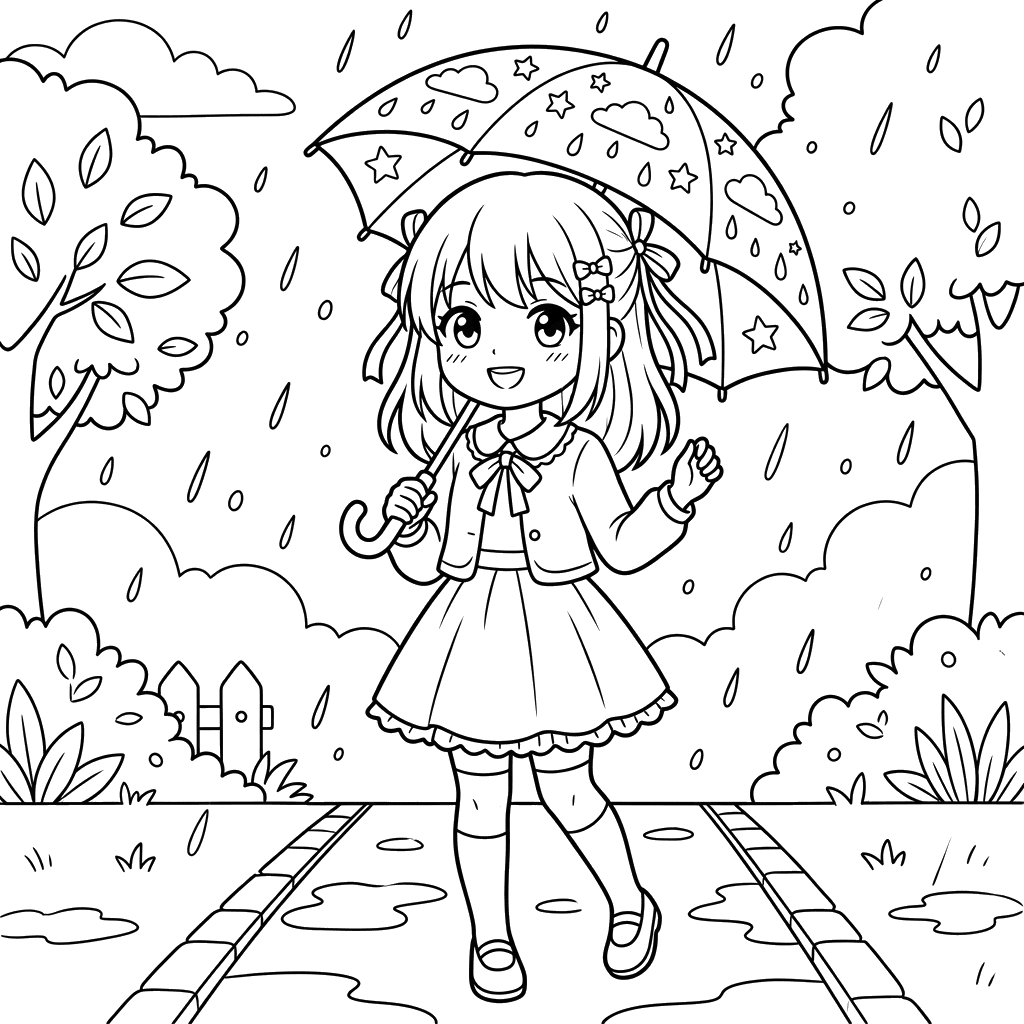 Anime Girl with Umbrella Coloring Page