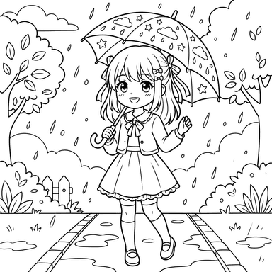 Anime Girl with Umbrella Coloring Page