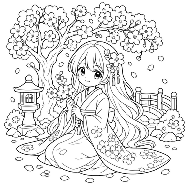 Anime girl under sakura coloring page