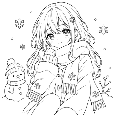 Girl and Snowman Winter Coloring Page