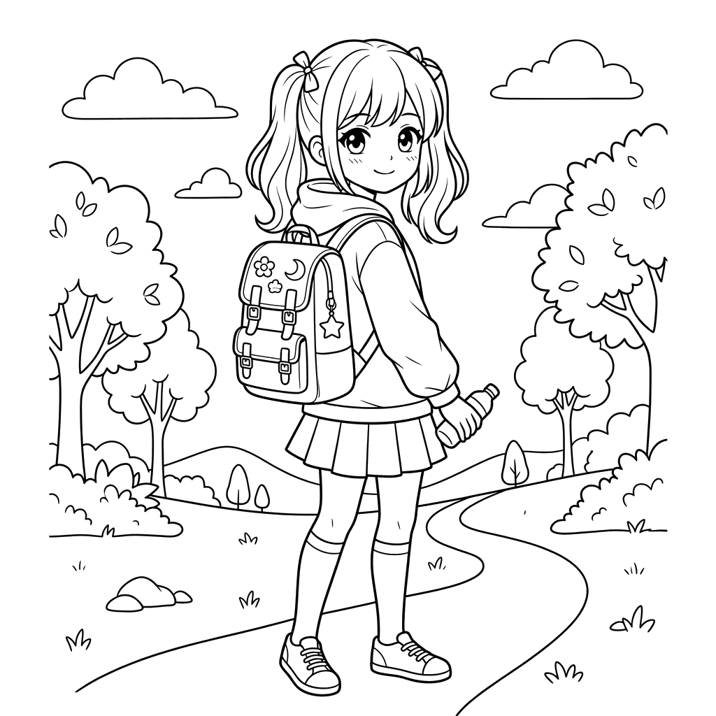 Anime Girl with Backpack Coloring Page