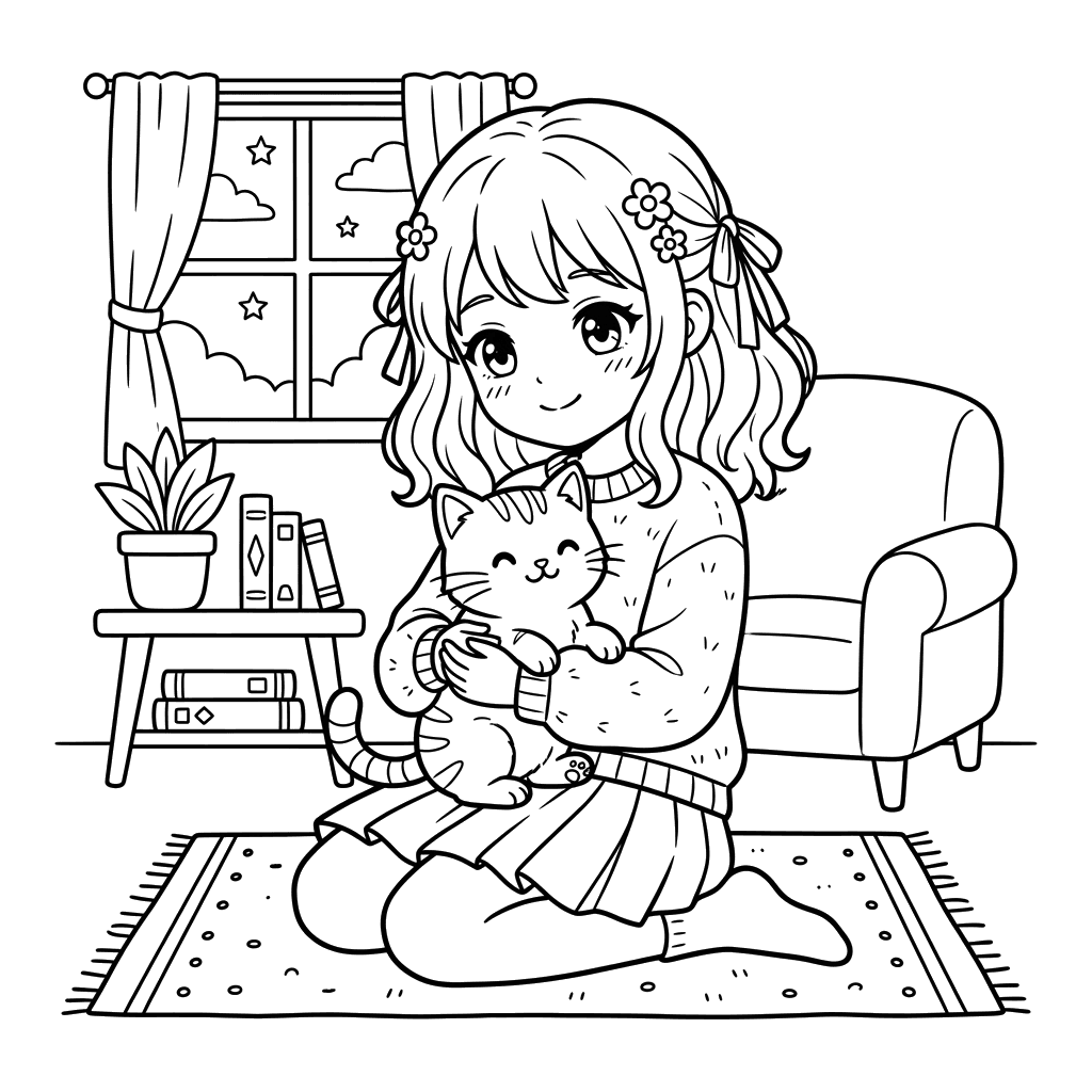 Anime Girl with Cat Coloring Page