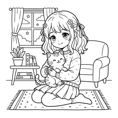 Anime Girl with Cat Coloring Page