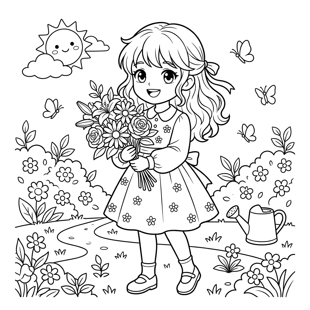 Anime Girl with Flowers Coloring Page