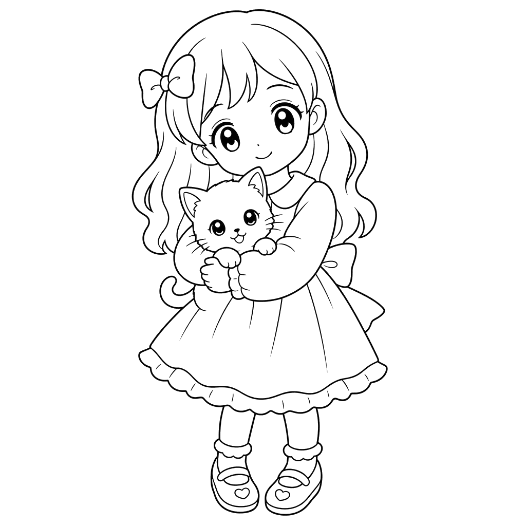 Anime girl with kitten coloring page