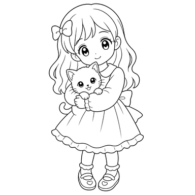 Anime girl with kitten coloring page