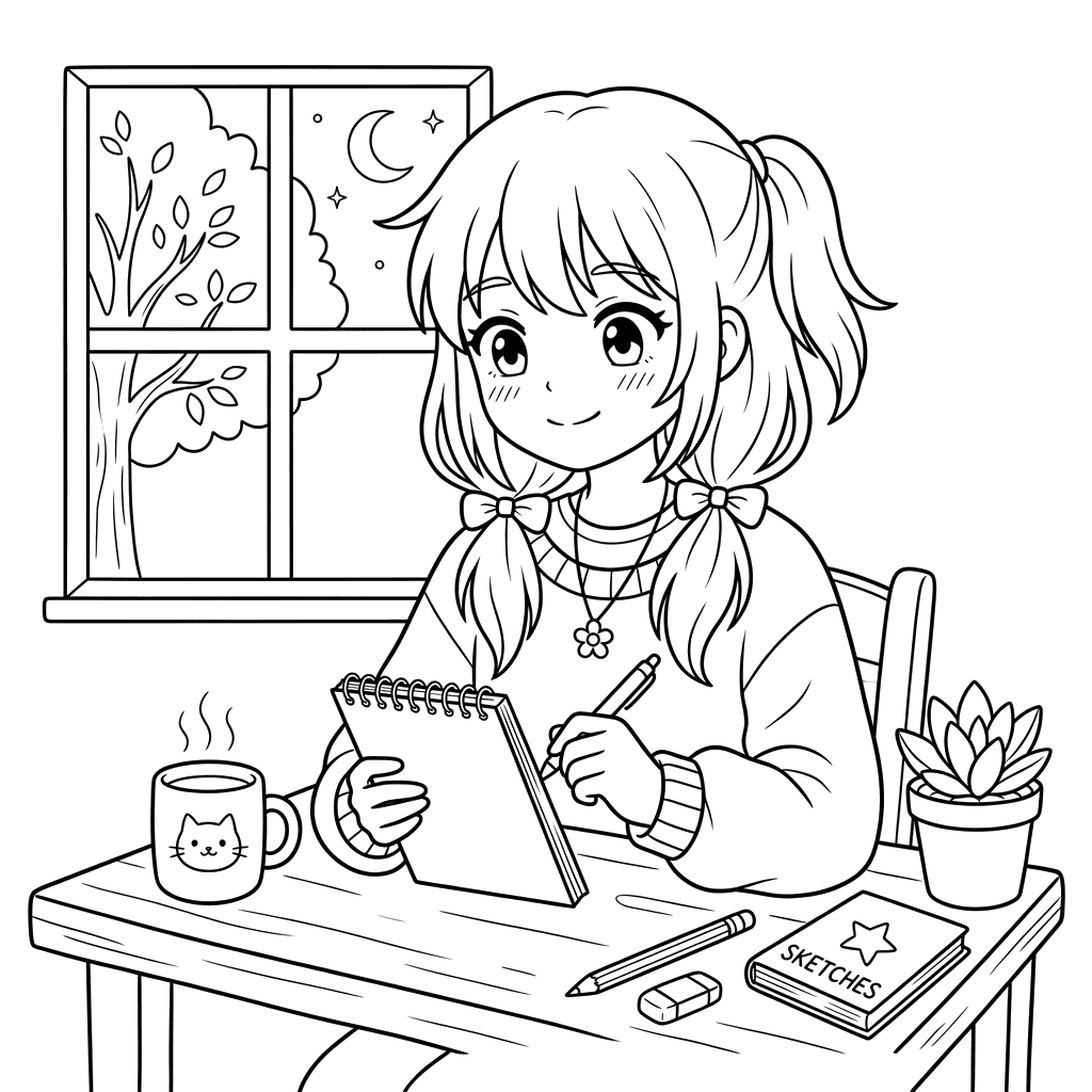 Anime Girl with Notebook Coloring Page