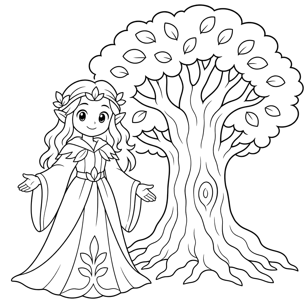 Anime guardian at ancient tree coloring page