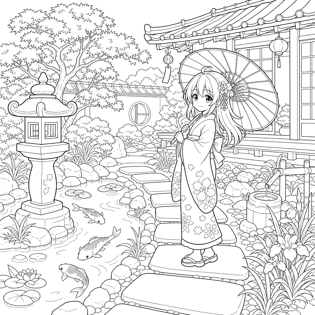 Anime Japanese Courtyard Coloring Page