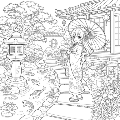 Anime Japanese Courtyard Coloring Page
