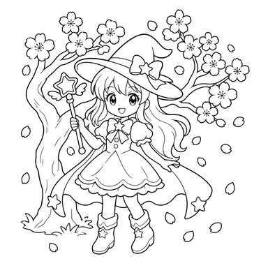 Anime magical girl under sakura — printable coloring page