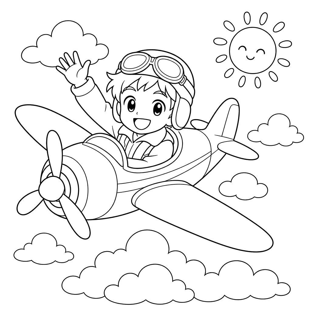 Anime pilot over summer clouds coloring page