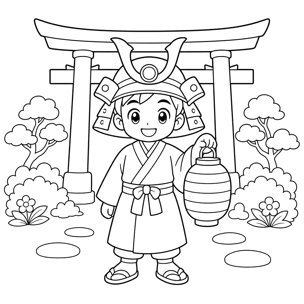 Anime samurai at temple gate coloring page