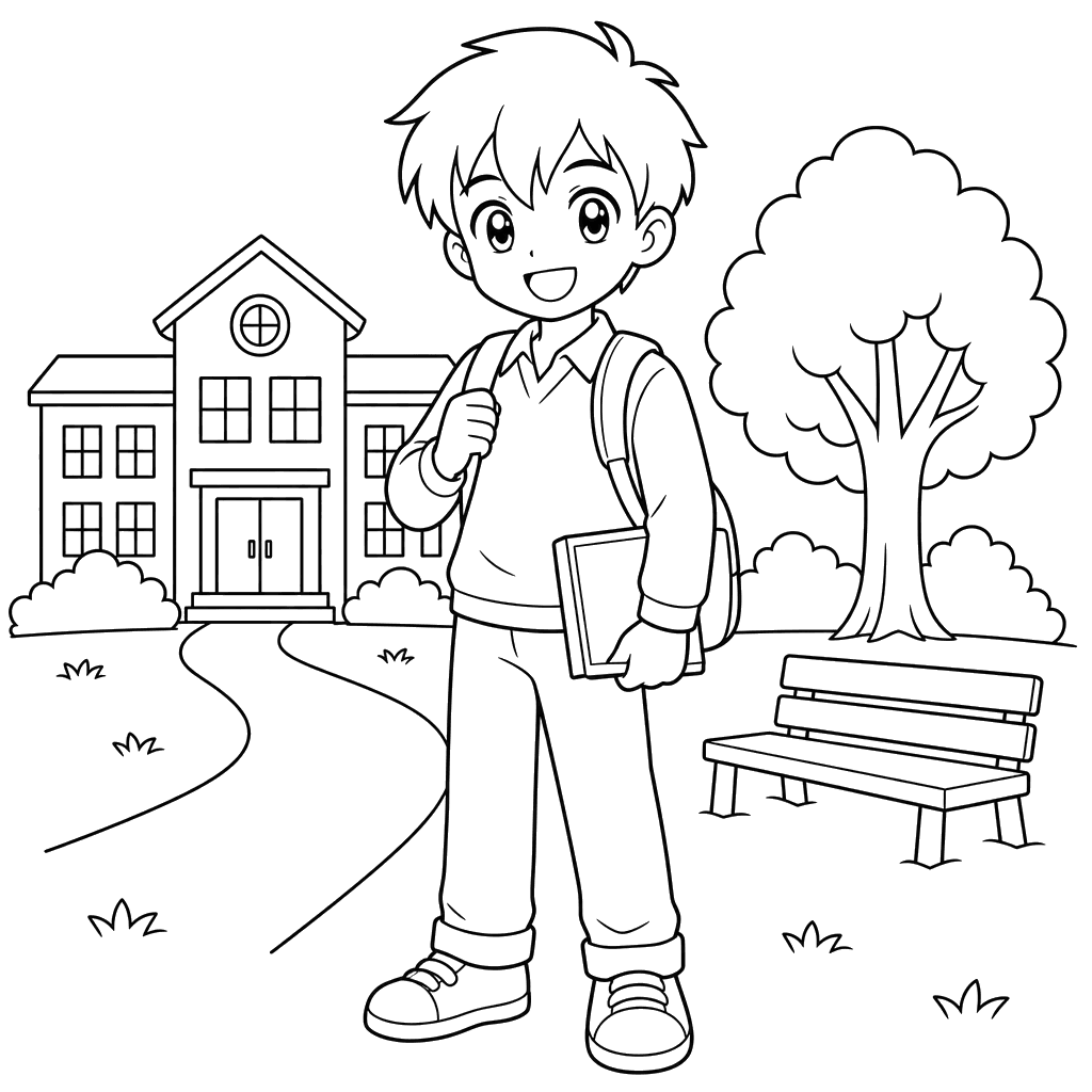 Anime student in the schoolyard coloring page