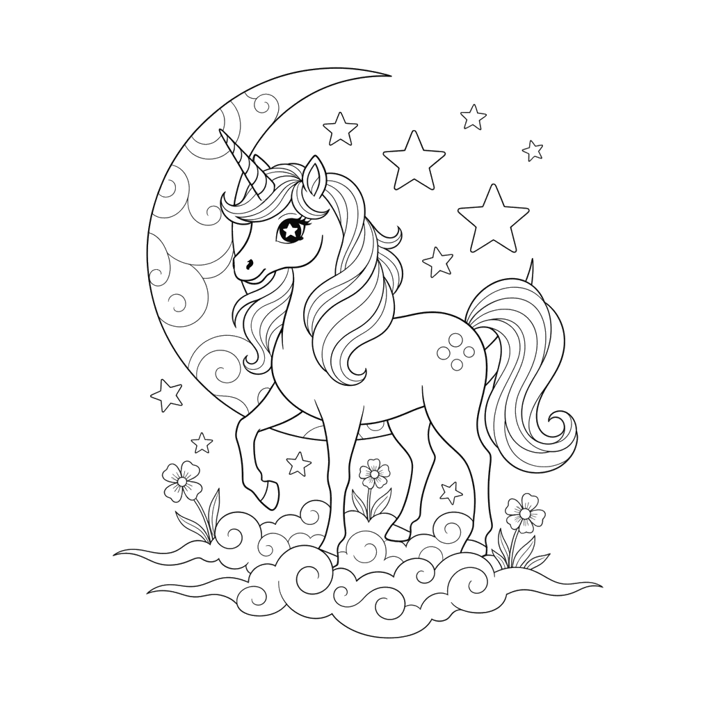 Anime Unicorn in Moonlight Coloring Page
