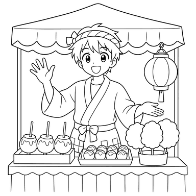Anime Vendor Street Festival Coloring Page