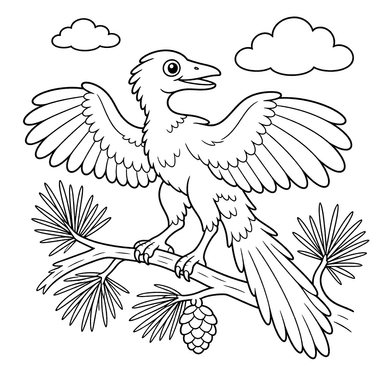 Archaeopteryx on a Pine Branch — Coloring Page