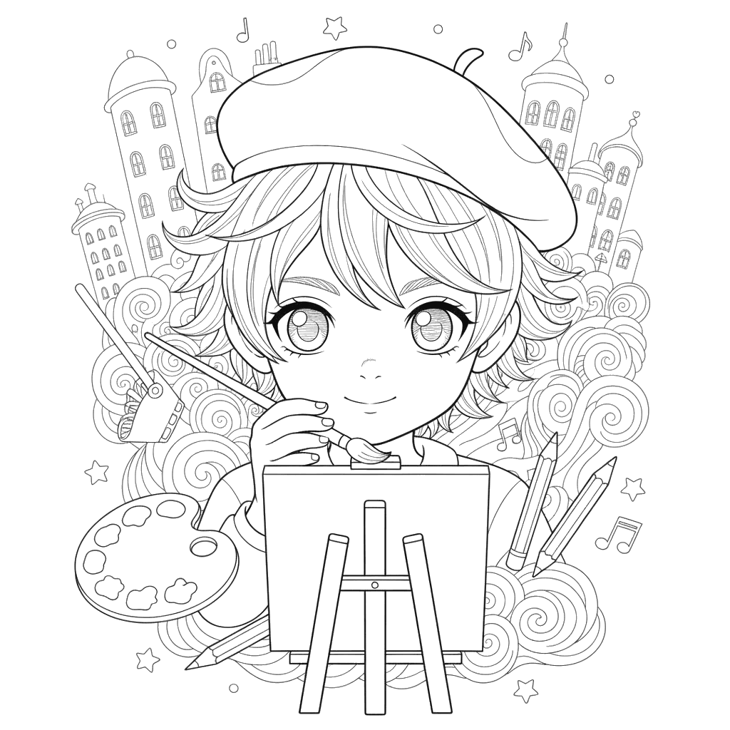 Artist's Face with a Brush Coloring Page