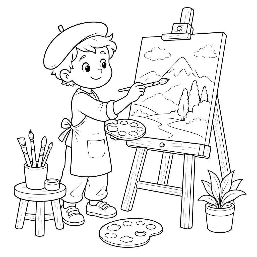 Artist Painting at Easel Coloring Page