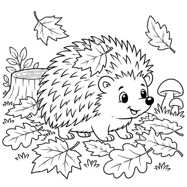 Hedgehog in Autumn Leaves Coloring Page