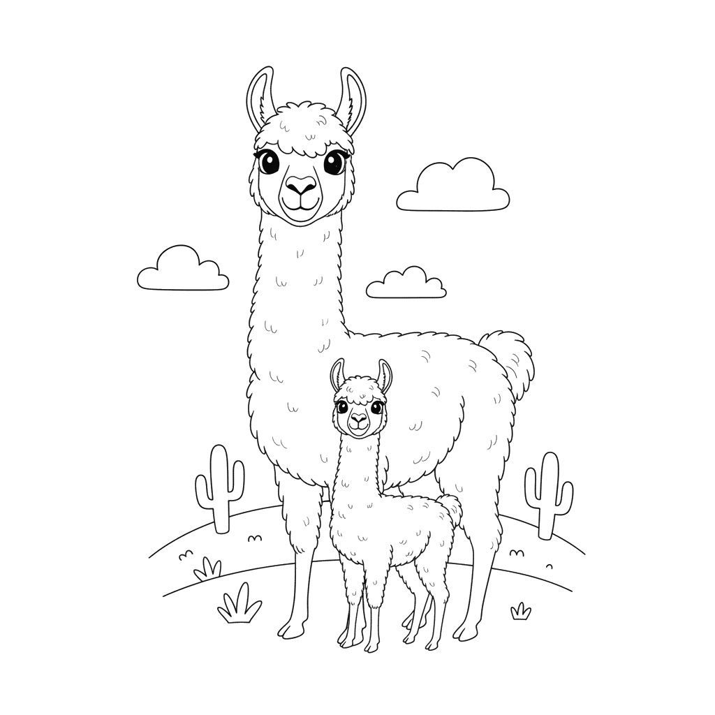 Baby Llama with Mom Coloring Page