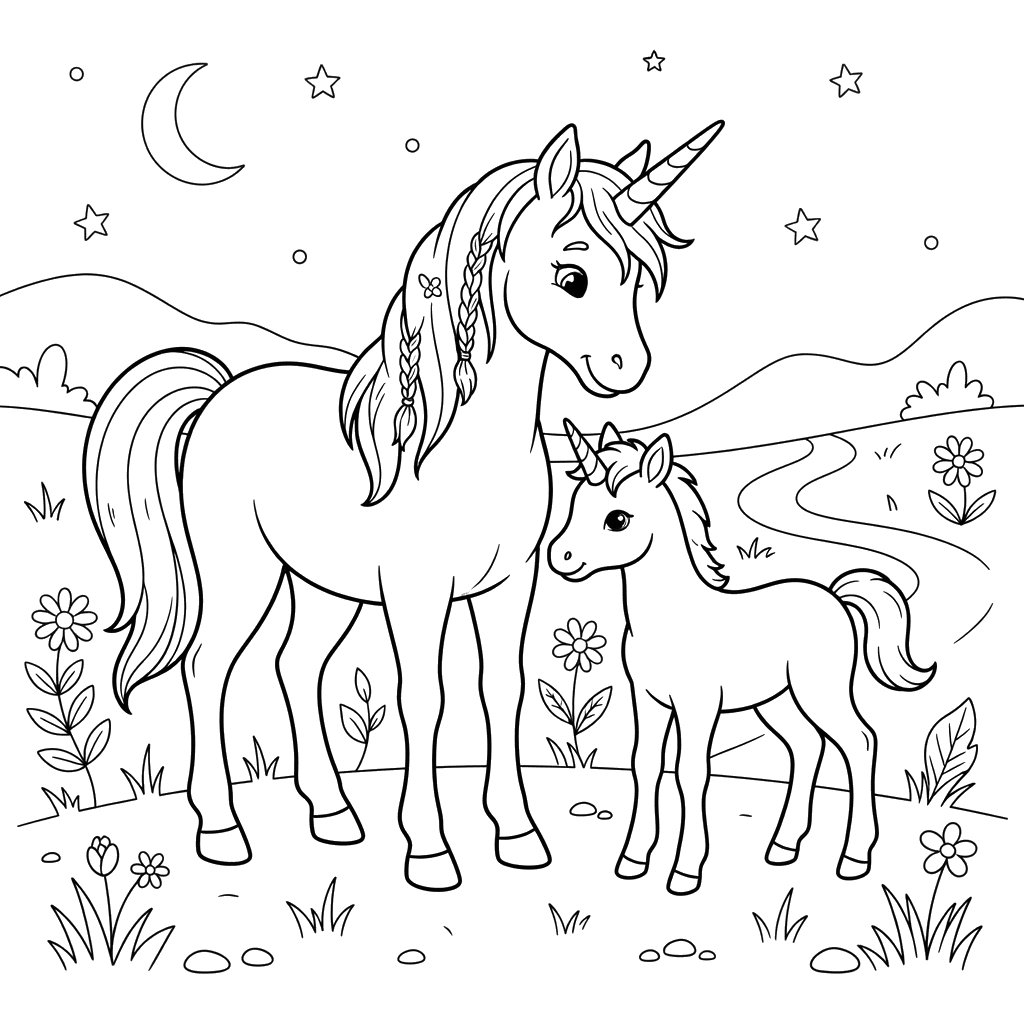Baby Unicorn and Mom Coloring Page