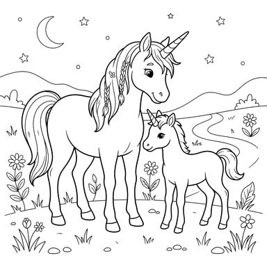 Baby Unicorn and Mom Coloring Page