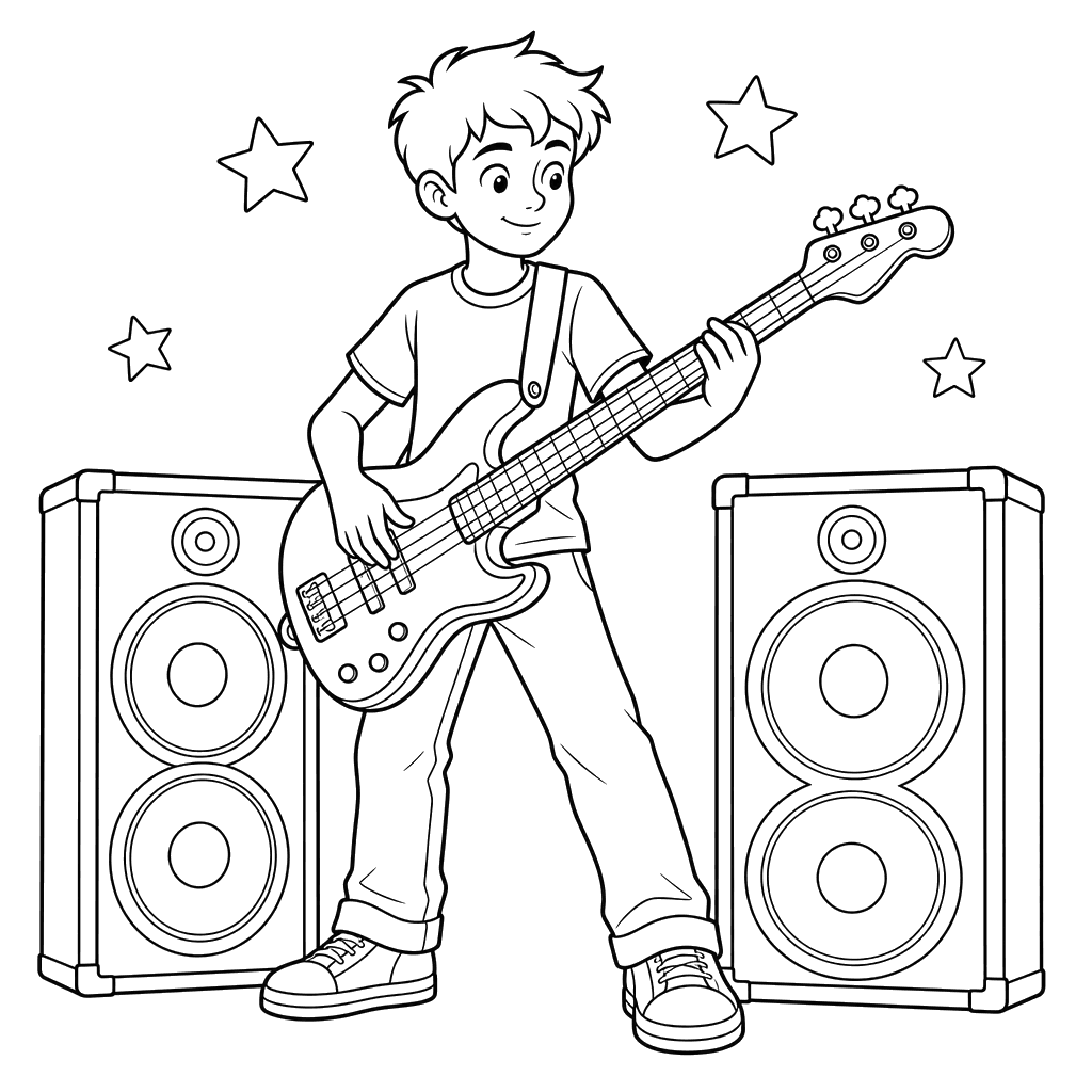 Bass Guitarist with Speakers Coloring Page