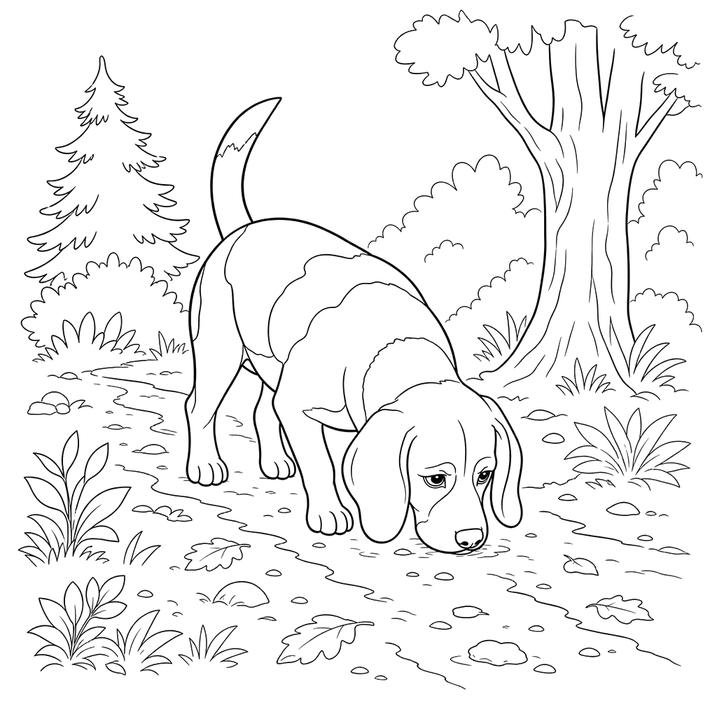 Beagle Sniffing Trail Coloring Page