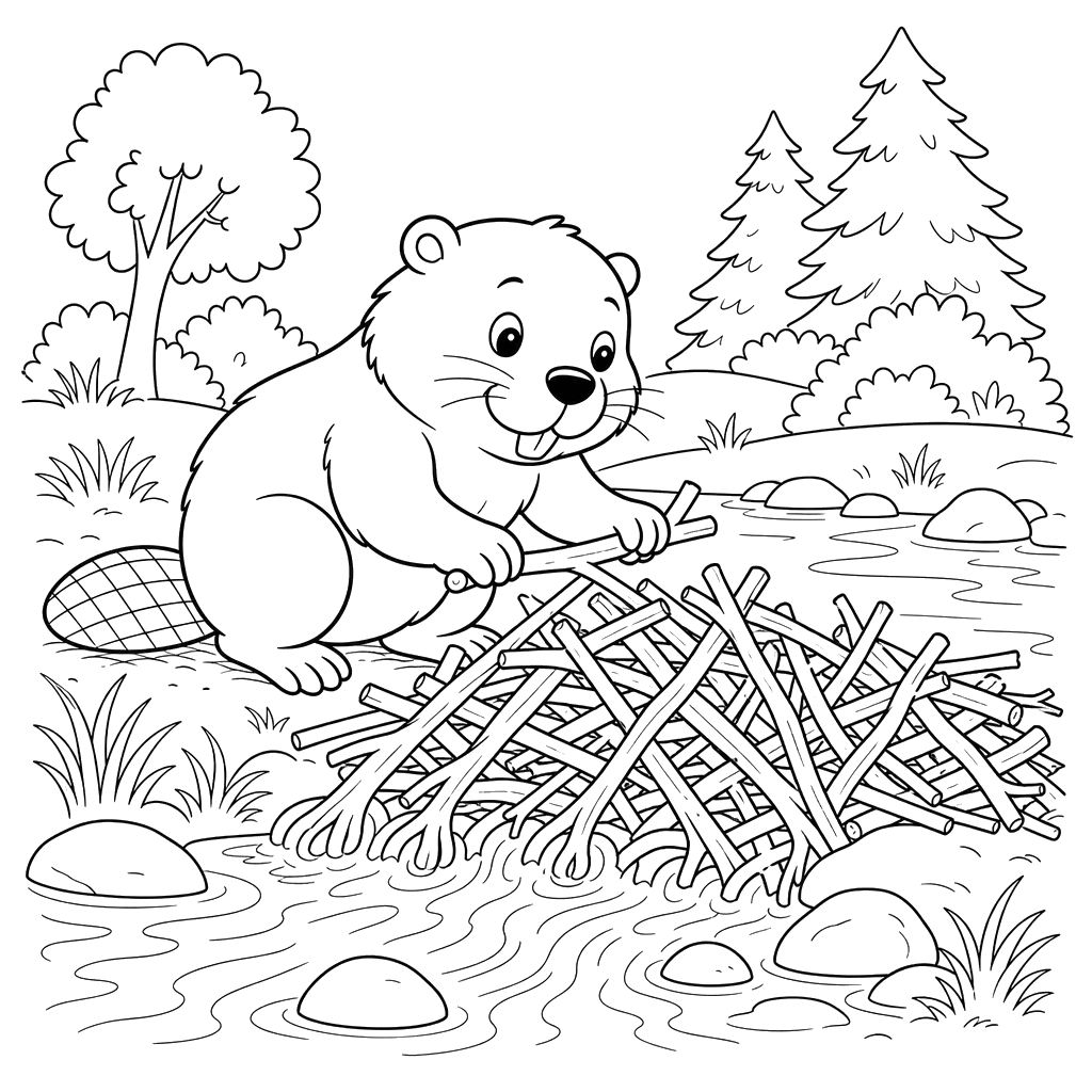 Beaver Building a Dam Coloring Page