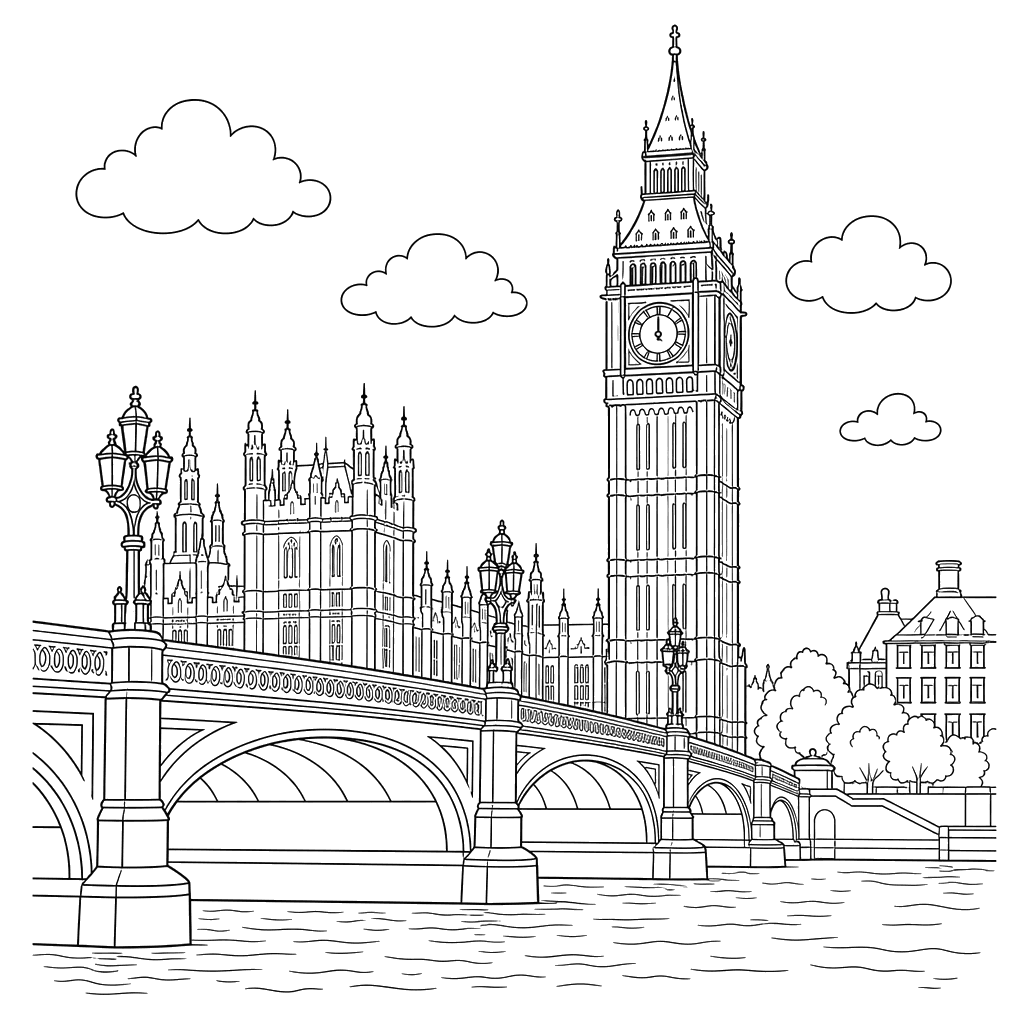 Big Ben and Bridge Coloring Page