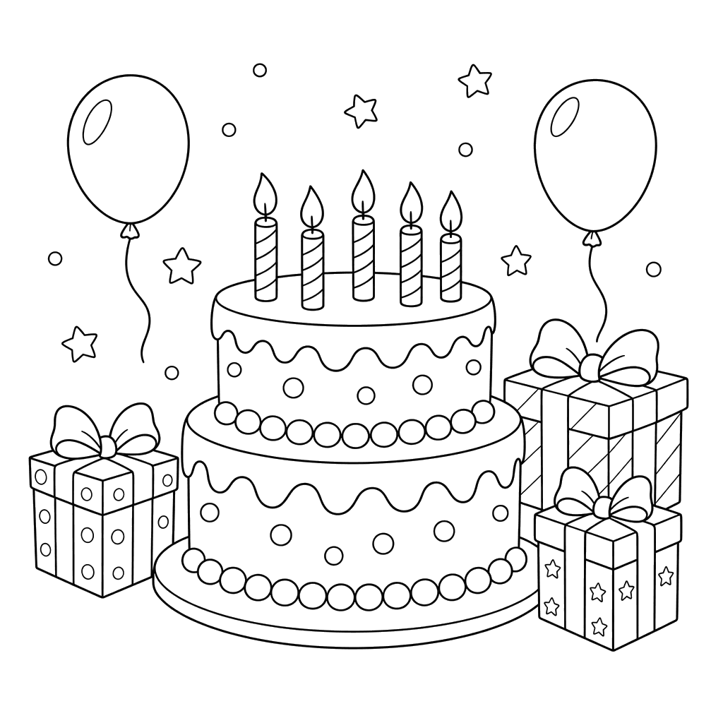 Birthday Cake and Gifts Coloring Page