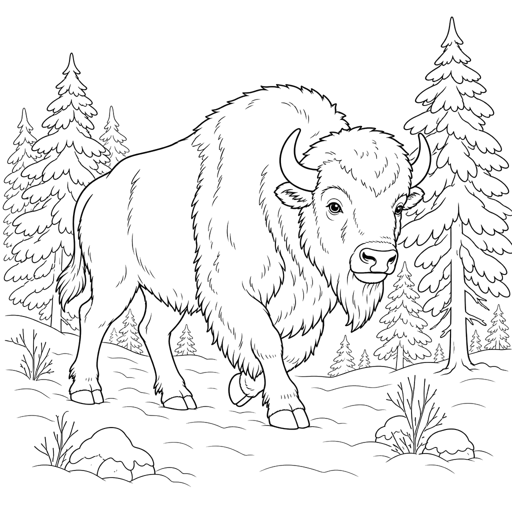 Bison in Winter Forest Coloring Page