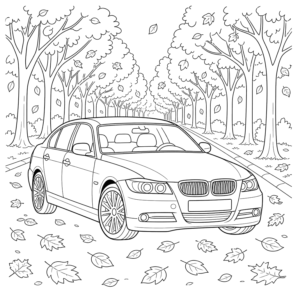BMW Sedan in Autumn Alley Coloring Page