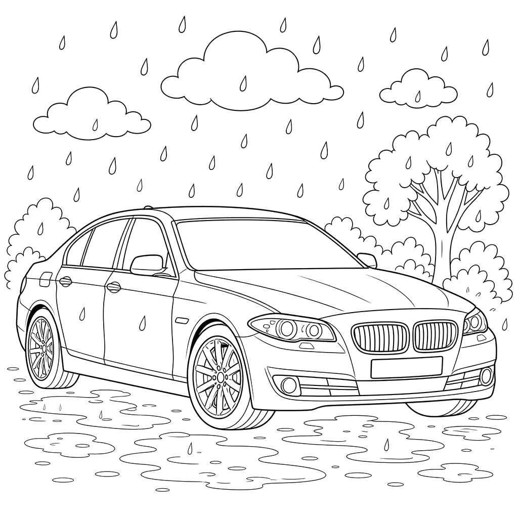 BMW Sedan in the Rain Coloring Page