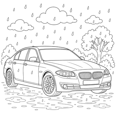 BMW Sedan in the Rain Coloring Page