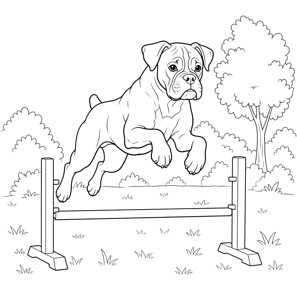 Boxer Dog Jumping Over Low Hurdle Coloring Page