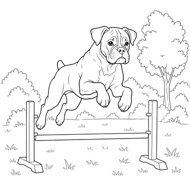 Boxer Dog Jumping Over Low Hurdle Coloring Page