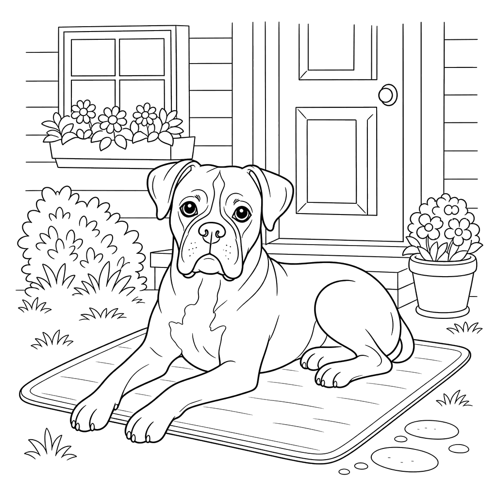 Boxer Dog Lying on a Rug Near a House — Coloring Page