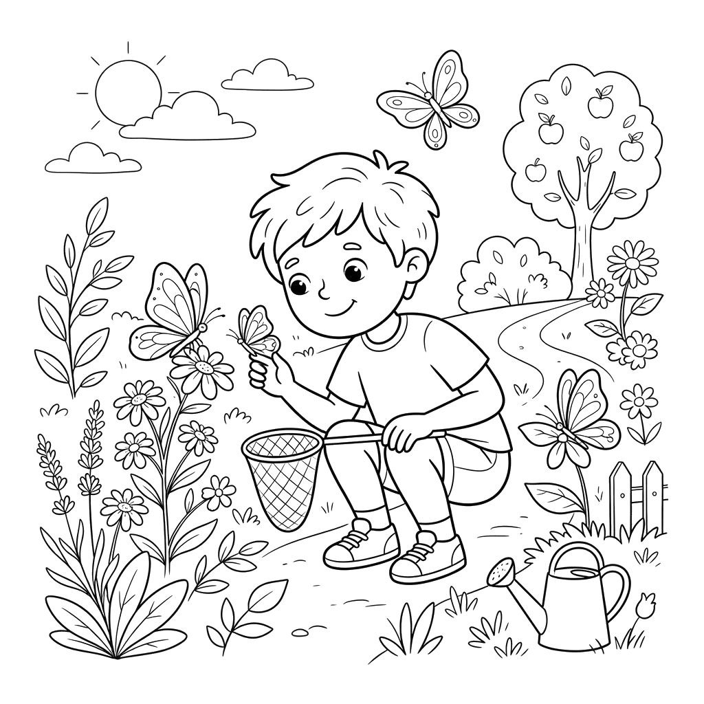 Boy Exploring Butterflies in a Garden Coloring Page