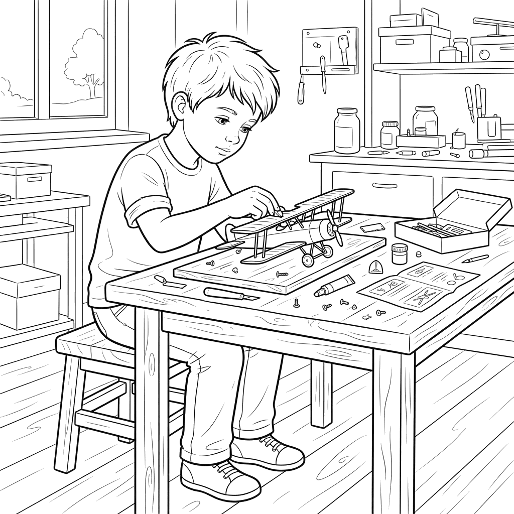 Boy Building Airplane Model Coloring Page