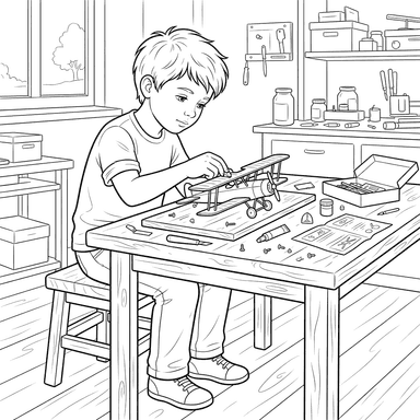 Boy Building Airplane Model Coloring Page