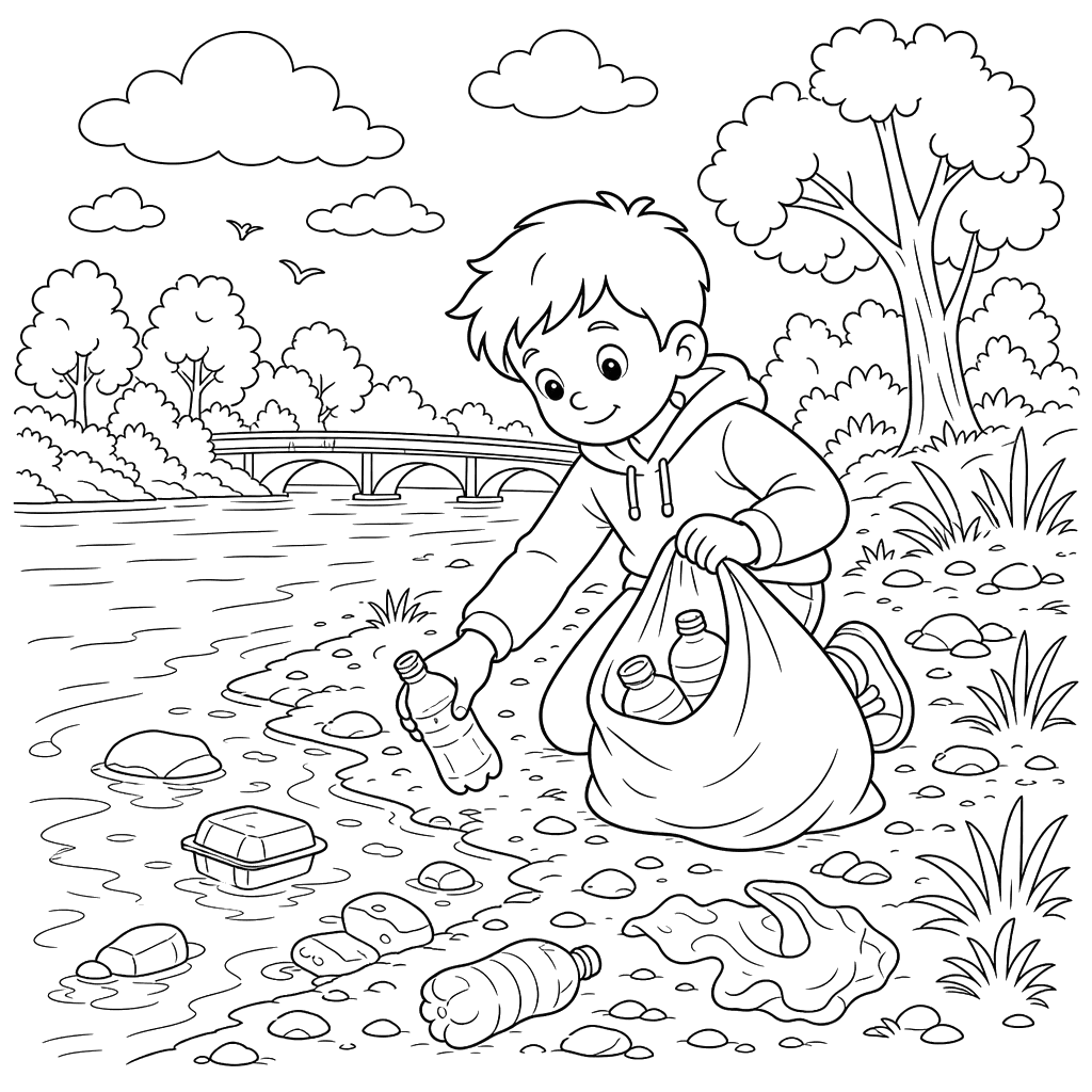 Boy Cleaning the Riverbank